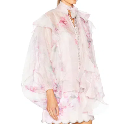 Zimmermann Crush Tie Neck Ruffle Blouse In Pink