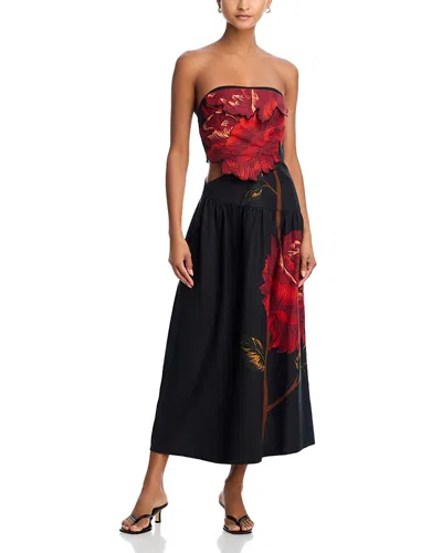 Farm Rio Rosalia Linen Blend Strapless Midi Dress In Black