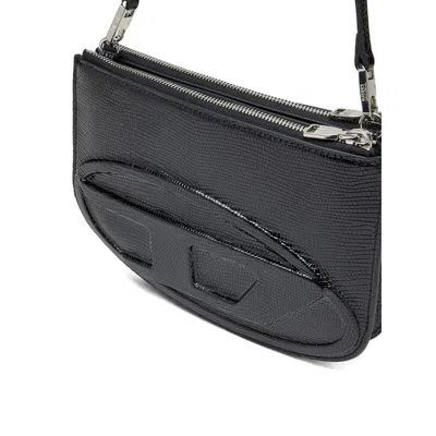 Diesel Twin-double-pouch Embossed-leather Shoulder Bag In Black