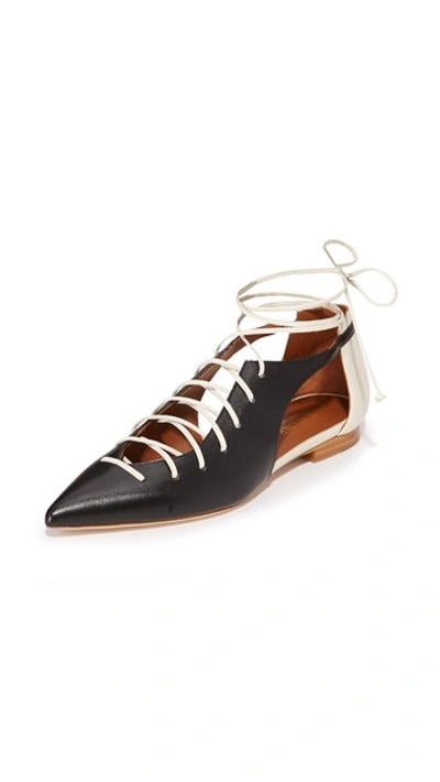Malone Souliers Montana Lace-up Two-tone Leather Point-toe Flats In Blk/white