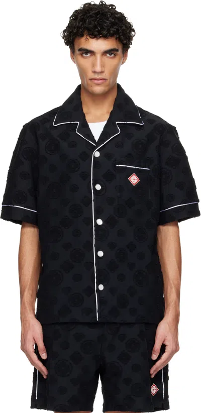 Casablanca Men Black Shirt With Classic Lapels And All-over Embossed Monogram In Cotton Man