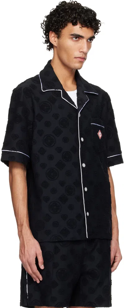 Casablanca Men Black Shirt With Classic Lapels And All-over Embossed Monogram In Cotton Man