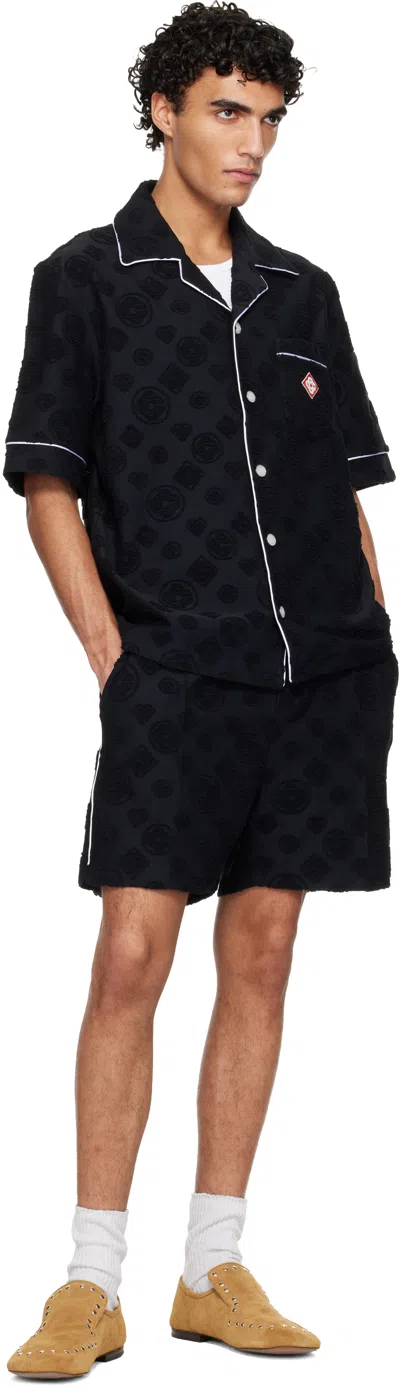 Casablanca Men Black Shirt With Classic Lapels And All-over Embossed Monogram In Cotton Man