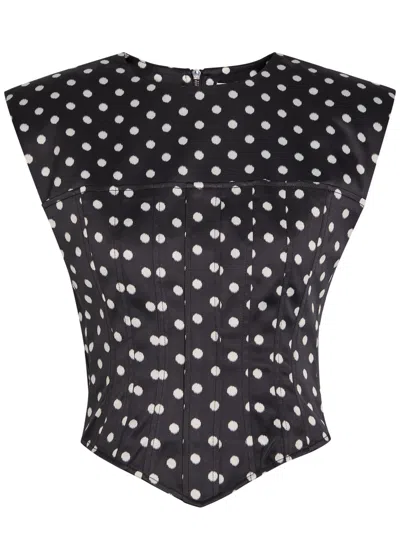 Ganni Womens Black Padded-shoulder Polka-dot Satin Corset Top