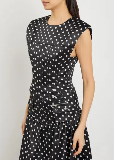 Ganni Womens Black Padded-shoulder Polka-dot Satin Corset Top
