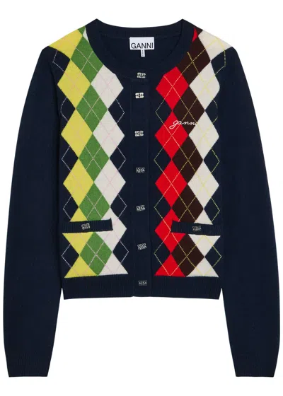 Ganni ネイビー アーガイルプリント カーディガン In Blue