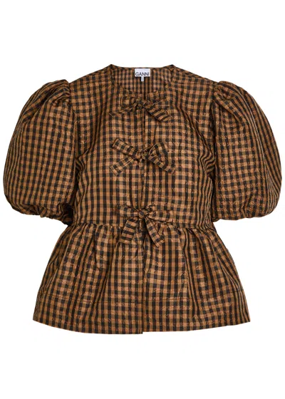 Ganni Crinkled Taffeta Check Peplum Blouse Tobacco Brown