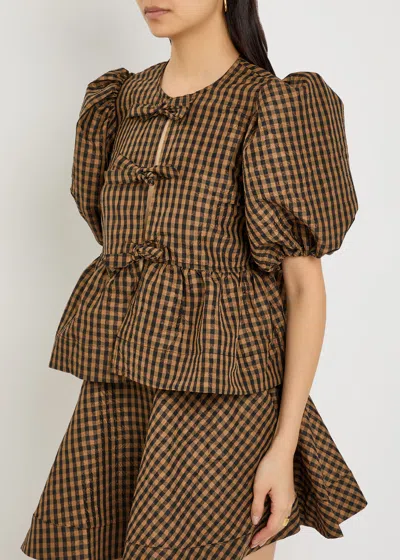 Ganni Crinkled Taffeta Check Peplum Blouse Tobacco Brown