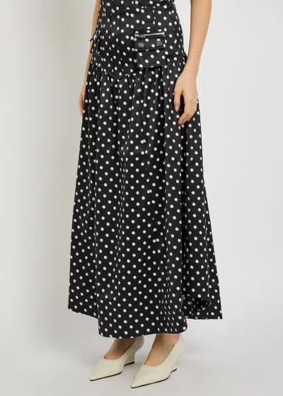 Ganni Gathered Polka-dot Recycled Satin Midi Skirt In Black