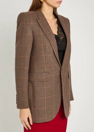 Saint Laurent Single-breasted Slim Houndstooth Plaid Blazer In Brown