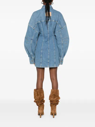 Attico Denim Mini Dress Front Pockets Long Sleeves In Blue