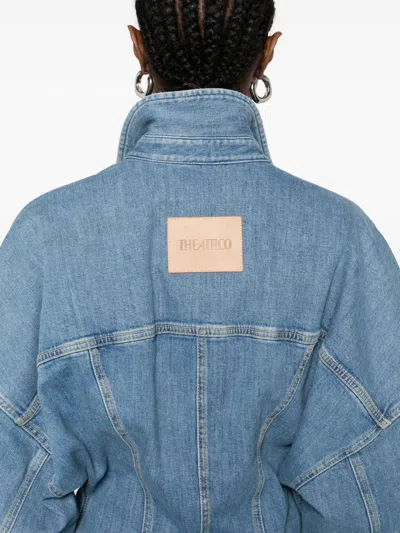 Attico Denim Mini Dress Front Pockets Long Sleeves In Blue