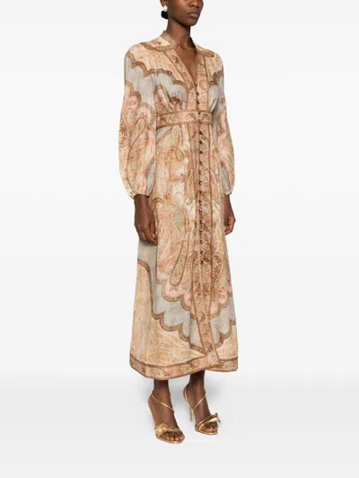 Zimmermann Womens Wanderlust Plunge Linen Midi Dress Tapestry Multi In Brown