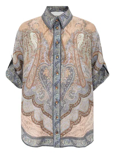 Zimmermann Wanderlust Multicolor Shirt With Classic Collar And All-over Print In Silk Woman In Neutral