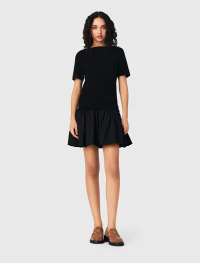 Maje Cotton-blend Rib Knit And Taffeta Mini Dress In Black