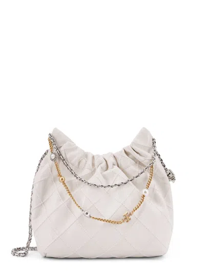 Tory Burch Mini Fleming Soft Distressed Drawstring Bag In White