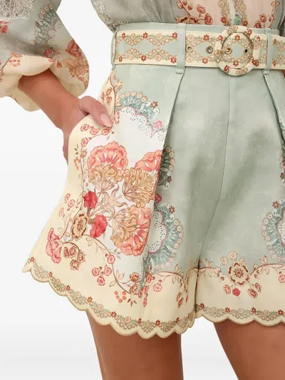 Zimmermann Daylight Multicolor Shorts With Belt On The Front And All-over Floral Motif In Linen Woman In Neutral