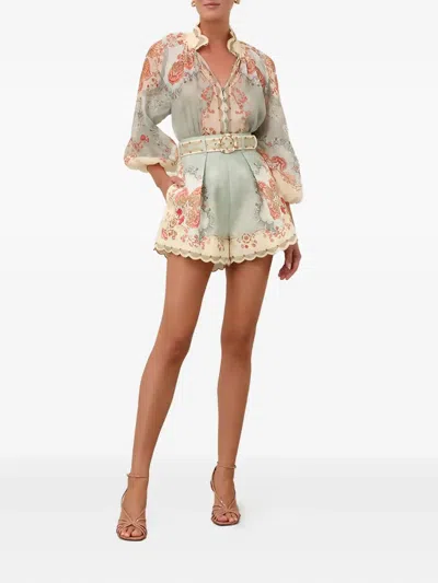 Zimmermann Daylight Multicolor Shorts With Belt On The Front And All-over Floral Motif In Linen Woman In Neutral