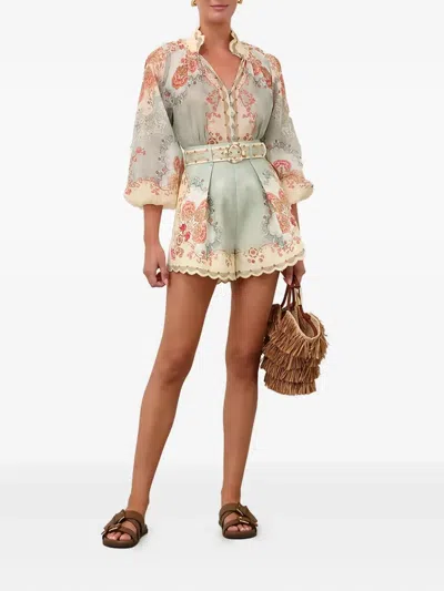 Zimmermann Womens Wallpaper Floral Mint Daylight Balloon-sleeves Woven Blouse Xs In Blue