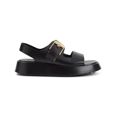 Tod's Leather Sandals With Double Strap And Maxi Buckle In Black