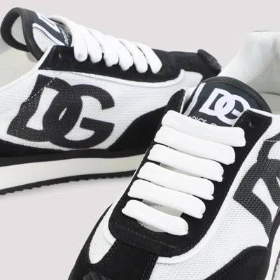Dolce & Gabbana Dg Cushion White And Black Low Top Sneakers With Logo Print In Mixed Materials Woman