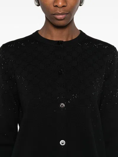 Gucci Women Wool And Viscose Cardigan With All-over Gg Logo In Black