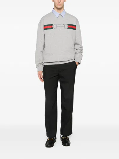 Gucci Men Grey Crewneck Sweatshirt With Logo Detail On The Front In Cotton Man In Gray