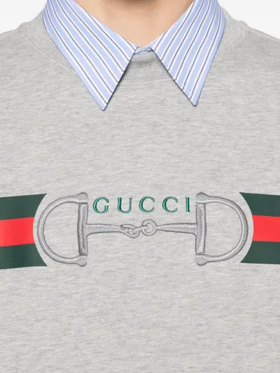 Gucci Men Grey Crewneck Sweatshirt With Logo Detail On The Front In Cotton Man In Gray