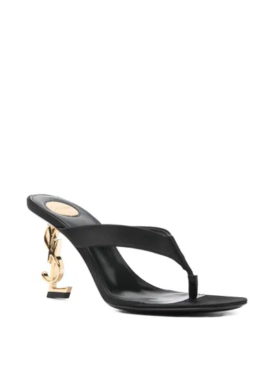 Saint Laurent Satin Thong Sandals Signature Strap Design In Black