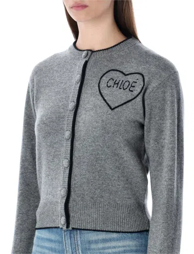 Chloé Wool And Cashmere Cardigan With Logo Knitwear Grey In Gray
