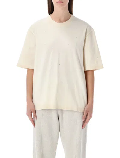 Golden Goose White Crewneck Rhinestoned T-shirt With Print On The Rear In Cotton Woman In Neutral