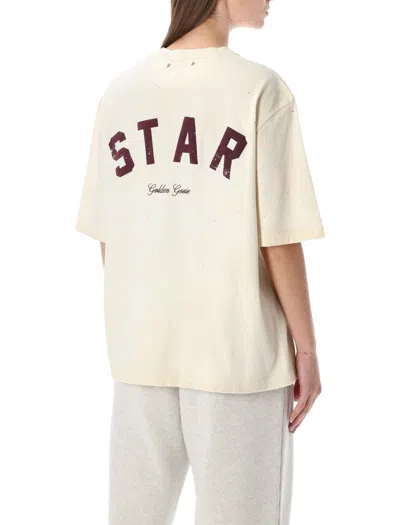 Golden Goose White Crewneck Rhinestoned T-shirt With Print On The Rear In Cotton Woman In Neutral