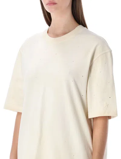 Golden Goose White Crewneck Rhinestoned T-shirt With Print On The Rear In Cotton Woman In Neutral