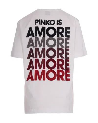Pinko White Crewneck T-shirt With Logo Detail On The Front And Maxi Print On The Rear In Cotton Woman In Neutral