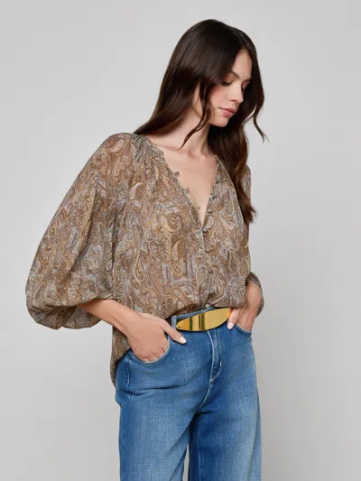 L'agence Teagan Printed Dolman Sleeve Blouse In Brown
