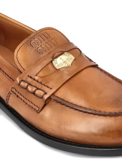 Miu Miu Loafers Round Toe Stitch Detailing Design In Brown