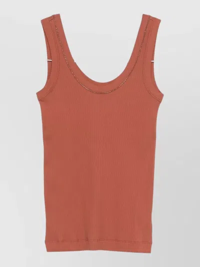 Brunello Cucinelli Cotton Tank Scoop Neck Ribbed Contrast In Brown