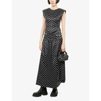 Ganni Gathered Polka-dot Recycled Satin Midi Skirt In Black