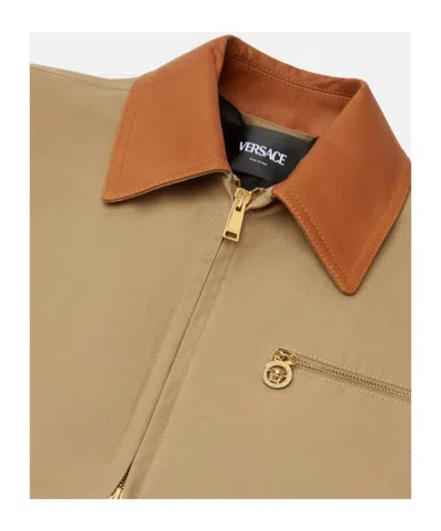 Versace Beige Jacket With Leather Collar And Metallic Medusa Head Detail In Cotton Canvas Man In Brown