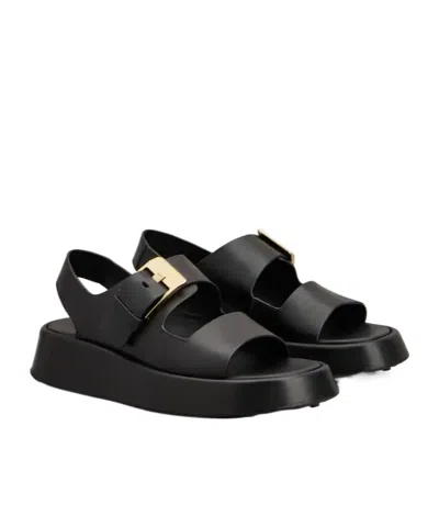 Tod's Leather Sandals With Double Strap And Maxi Buckle In Black