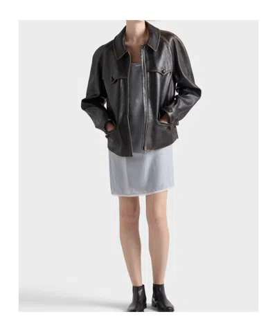 Prada Leather Jacket Long Sleeves Buttoned Pockets Tabs In Black