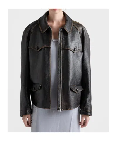 Prada Leather Jacket Long Sleeves Buttoned Pockets Tabs In Black
