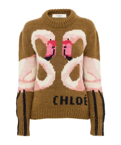 Chloé Hand Knit Flamingo Intarsia Wool Crewneck Sweater In Brown