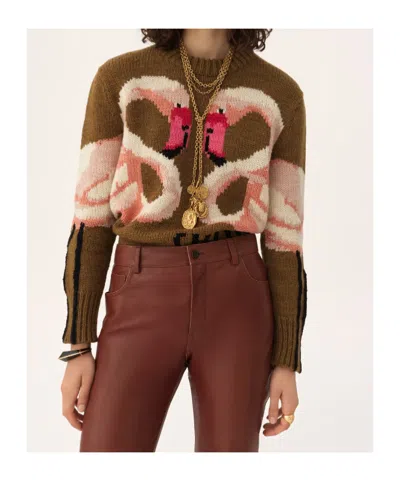 Chloé Hand Knit Flamingo Intarsia Wool Crewneck Sweater In Brown