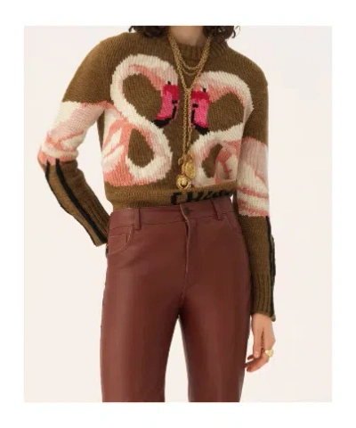 Chloé Hand Knit Flamingo Intarsia Wool Crewneck Sweater In Brown