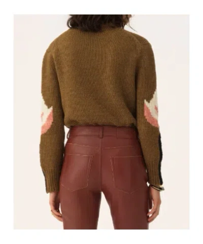 Chloé Hand Knit Flamingo Intarsia Wool Crewneck Sweater In Brown