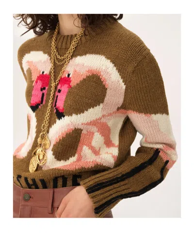 Chloé Hand Knit Flamingo Intarsia Wool Crewneck Sweater In Brown