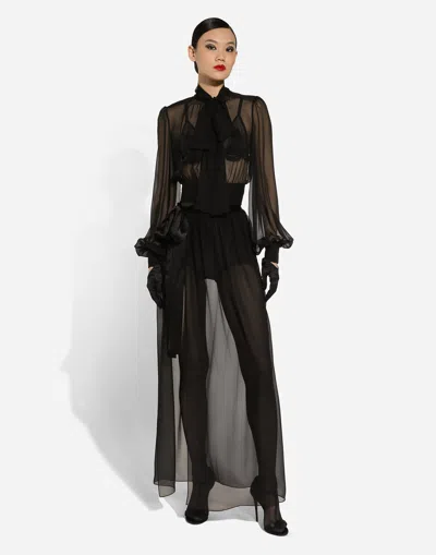 Dolce & Gabbana Long Silk Chiffon Skirt With Belt In Black