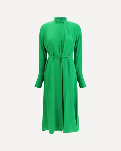Tom Ford Washed Silk Georgette Long Sleeve Draped Collar Belted Dress With Cut-out In Green