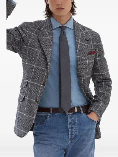 Brunello Cucinelli Deconstructed Wool Jacket Checked Pattern In Gray